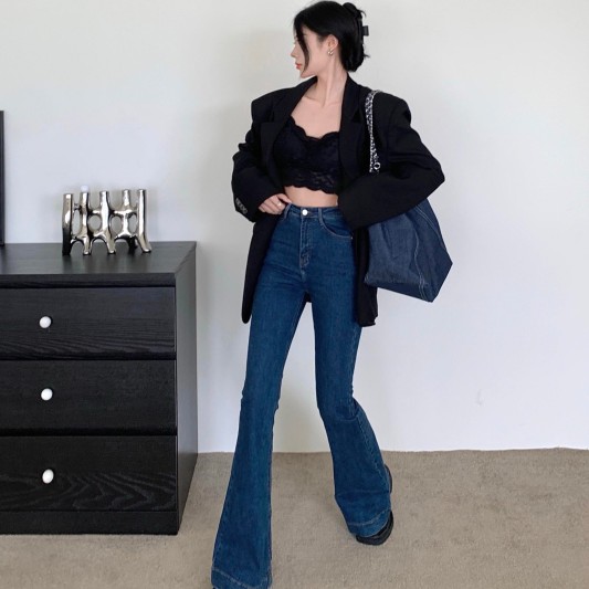 复古高腰修身喇叭长裤